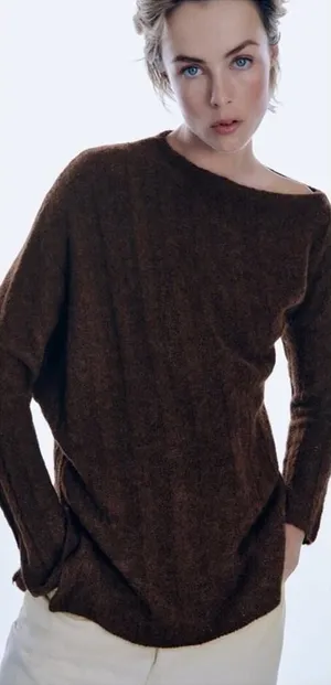 NWT ZARA Asymmetrical Off Shoulder Wool Blend Sweater‎ Women's L Quiet Luxury thumbnail 1