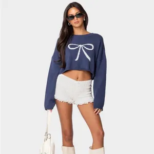 EDIKTED Knit Bow Cropped Sweater‎ Women's XS/S Navy Boho Dainty Coquette Girl thumbnail 5