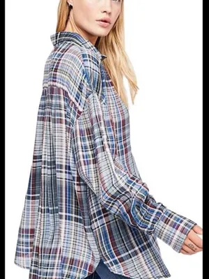 Free People Rain is Days Plaid Buttondown Shirt Size Large thumbnail 3