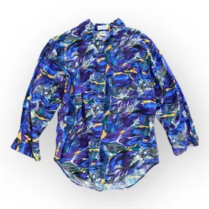 Kikomo Vintage Silk Hawaiian Tropical Print Button up Blouse‎ Size S thumbnail 1