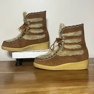 Vintage 70s Snowland Faux Fur‎ Boots Size 8 Sherpa Lined Lace Up Retro Winter thumbnail 2