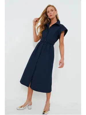 New Tuckernuck Navy Blue Chloe Midi Dress Small Belted Collared Moir Classic thumbnail 3