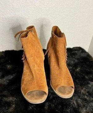 TOMS Majorca Cinnamon Brown Open Peep Toe Fringe Booties 301215 Women's Size 9 thumbnail 1