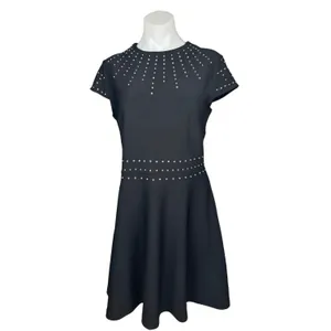 H&M Black Cap Sleeve Crew Studded Rhinestone A Line Fit & Flare Mini Dress Sz M thumbnail 2