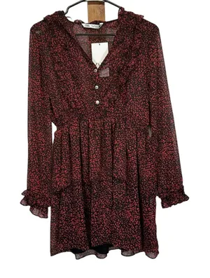 Zara Red & Black Cheetah Print Long‎ Sleeve Ruffled Mini Dress Size L thumbnail 1