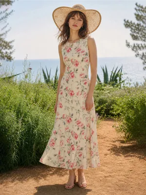 Rihoas Floral Sleeveless Maxi Dress — Pink Rose on Cream thumbnail 2