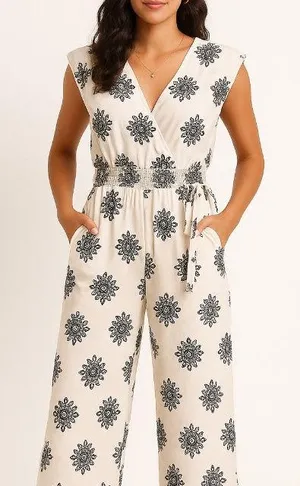 Dress Nado Embroidered Linen-Blend Wide-Leg Jumpsuit Sz M thumbnail 1