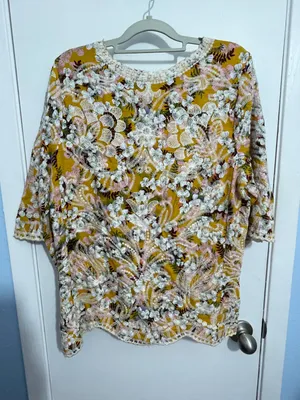 Solitaire Blouse Large Yellow Floral Embroidered Boho Cottage Core Country Club thumbnail 1