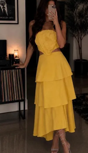 Farm Rio 3D Floral Tiered Midi Dress Yellow Cutout Linen Blend thumbnail 1