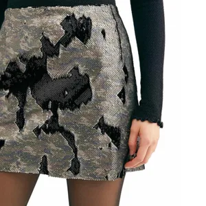 Free People Women's Black/Green Camo Reverse Sequin Stretch Mini Skirt sz 0 thumbnail 6