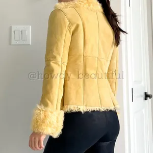 New Label SheepSkin Cream Yellow Leather Button Up shearling Jacket thumbnail 13