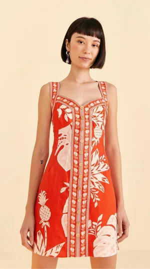 Farm Rio Monsteras 100% Linen Vibrant Tropical Vacation Mini Dress Size Small thumbnail 1
