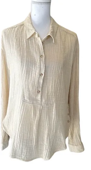 Anthropologie Beige Textured Button-Down Shirt size L thumbnail 1