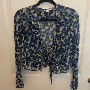 Topshop Blue Green Leopard Print Sheer Ruffle Tie Front Blouse US 2 thumbnail 2