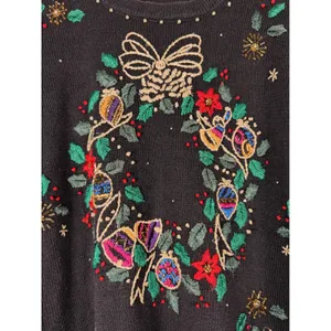 Arriviste Womens Black Embroidered Wreath Beaded Ugly Christmas‎ Sweater Small thumbnail 3