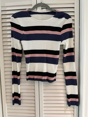 CALE Striped Ribbed Long-Sleeve Top in White, Navy & Pink thumbnail 1