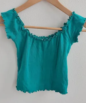 Kimchi Blue Turquoise Ruffle Trim Baby Tee Cottagecore Top thumbnail 1