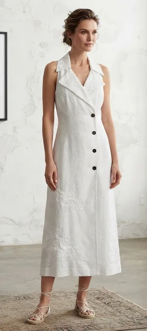 Carol Little White Linen Romantic Maxi Sz 14 Floral Embroidered Minimalist Dress thumbnail 1