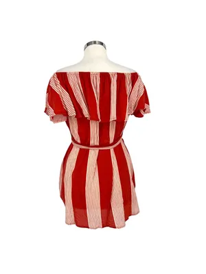 Faithfull The Brand Amalfi off-Shoulder Rust Red Striped Mini Dress Size Small thumbnail 7
