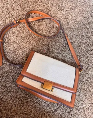 Rachel Zoe Small Crossbody Bag Leather Canvas Cream Brown Gold Turn-Lock thumbnail 1