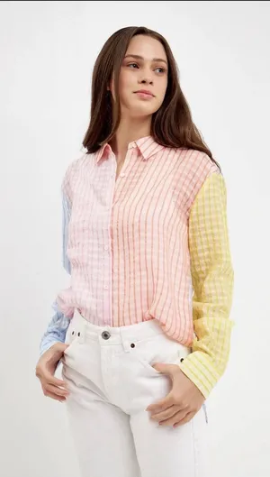 English Factory Button Down Shirt Womens Small Multicolor Pastel Gingham Striped thumbnail 1