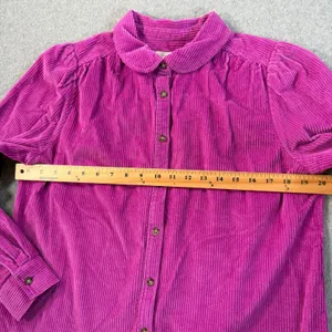LOFT Magenta Corduroy Button Down Top Womens Medium Peter Pan Collar Puff Shoule thumbnail 6