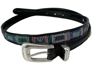 Brighton Beaded Leather Belt Black Silver M 30 Vintage 80s thumbnail 1