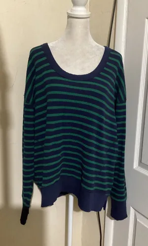 OFFLINE by Aerie Womens Waffle Knit Striped Oversized Top Navy Green Medium thumbnail 1