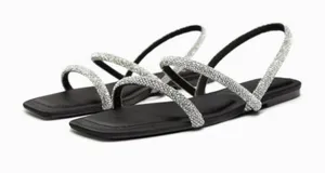 Zara RHINESTONE FLAT SANDALS size 39 Black Color thumbnail 1