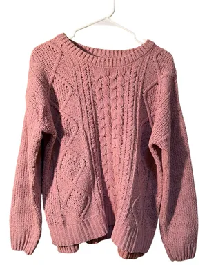 SO Womens Size Large Crewneck Sweater Chenille Light Pink Cable Knit Balloon Slv thumbnail 2