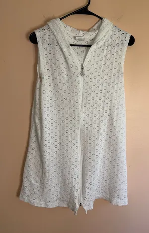 Sleeveless White Eyelet Hooded Zip Swim Coverup thumbnail 1