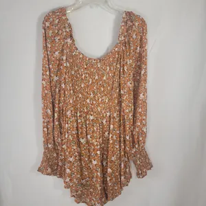 JODIFL Boho Smocked Floral Babydoll Tunic Blouse Orange Rust Ditsy Print Puff L thumbnail 9