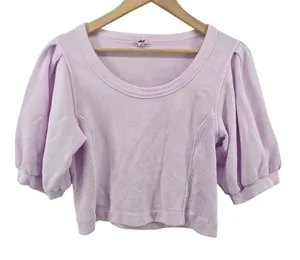 Aerie Sweatshirt Womens Medium Lavender Puff Short Sleeve Cropped‎ Ribbed Scoop thumbnail 1