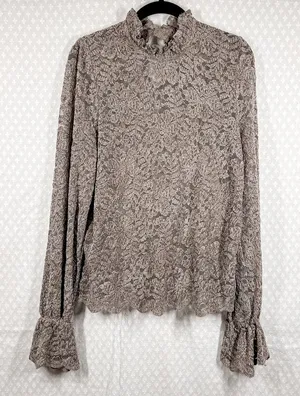 Anthropologie Eri + Ali Women‎ Top Sz L Brown Floral Eyelet Velvet Mock Neck thumbnail 1