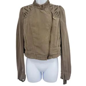 Free People Moto Jacket Women 4 Brown Olive Eyelet Embroidered Linen Cotton thumbnail 3