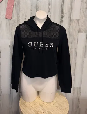 GUESS Los Angeles Black Cropped Hoodie Womens Medium Fishnet Mesh Yoke Pullover thumbnail 1