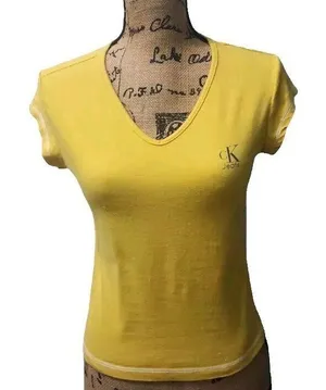 Vintage Calvin Klein Jeans Womens Size M V-Neck Tee Shirt‎ Yellow thumbnail 1