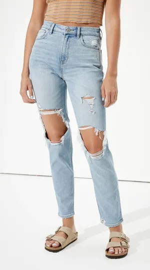 American Eagle Stretch Ripped High Rise Mom Jean in Emotional Blue Size 12 thumbnail 1