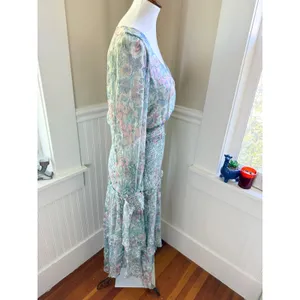 LoveShackFancy Floral Smocked Midi Dress Blue Pink Ruffle Size M thumbnail 12