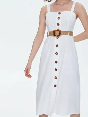 Forever 21 White Linen Blend Button Front Belted Midi Dress Small thumbnail 2