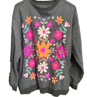 Natural Life Floral Graphic Grey Pullover Crewneck Sweatshirt Pockets Oversize S thumbnail 1