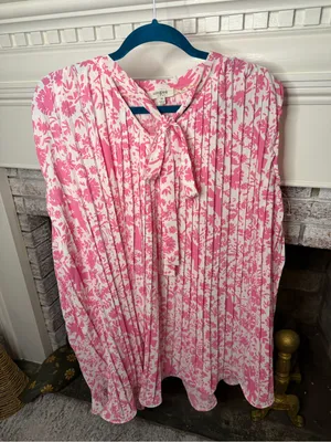 Umgee Pink White Floral Pleated Tie Neck Blouse Top Medium thumbnail 1