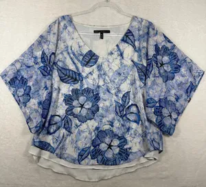 White House Black Market Blue Floral Batik Poncho Blouse Gold Lurex Medium thumbnail 1