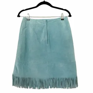 VINTAGE Women's Cuir Zebra Light Blue Fringe Boho Leather Skirt Sz L thumbnail 4