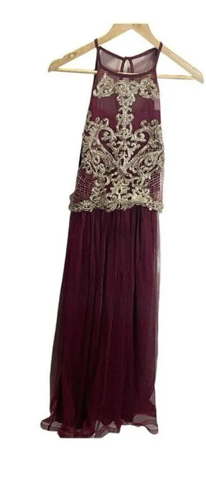 Candalite Burgundy Gold Maxi Dress Women's S Mock Neck‎ Floral Special Occasion thumbnail 1