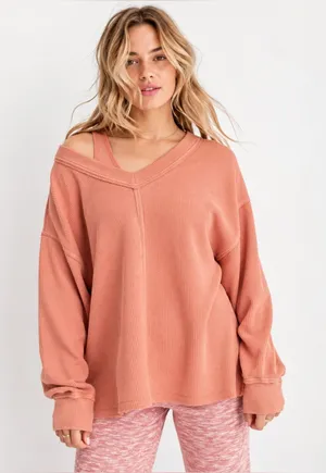 Aerie Wonder Textured V-Neck Peach Waffle Knit Oversized Sweatshirt S thumbnail 1