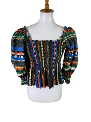 Conditions Apply Medium Multicolor Smocked Peplum Puff Sleeve Boho Blouse thumbnail 2