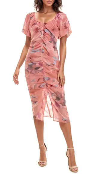 Socialite Pink Floral Ruched Puff Sleeve Midi Dress Size XS thumbnail 1