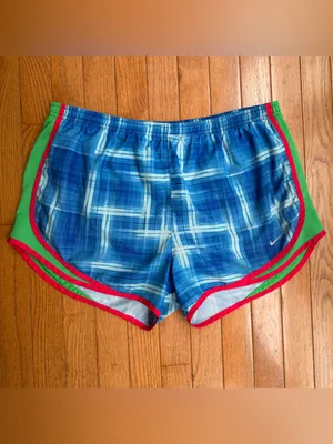 Vintage 2011 Nike Tempo Dri-FIT Running Shorts Blue Plaid Pink Green Large L thumbnail 8