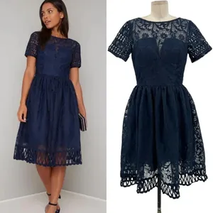 Chi Chi London‎ Sheridan Dress Navy Blue Embroidered Short Sleeve UK 12 US 8 thumbnail 2